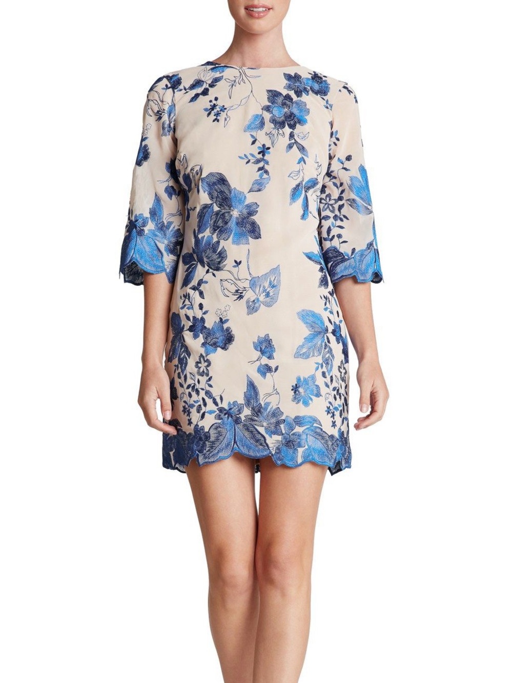 Dress the Population Cream Mini Dress with Blue Floral Embroidery